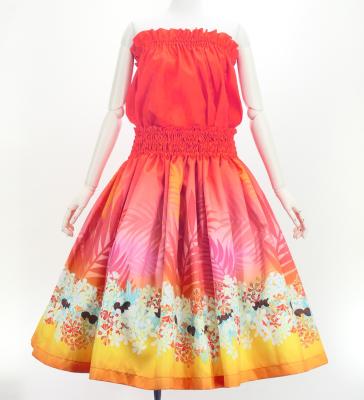 Hula Blouse & Pa'u Set-Up with Kukui Flower & Kukui Nut Lei Print / Luxury Collection / Red / J3194rd