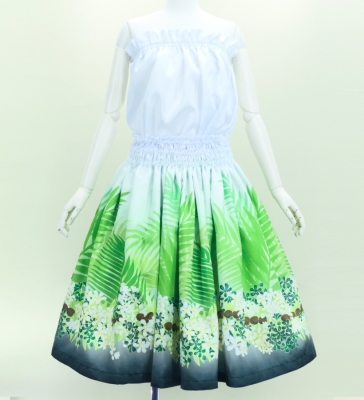 Hula Blouse & Pa'u Set-Up with Kukui Flower & Kukui Nut Lei Print / Luxury Collection / White / J3194wh