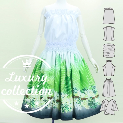Hula Blouse & Pa'u Set-Up with Kukui Flower & Kukui Nut Lei Print / Luxury Collection / White / J3194wh