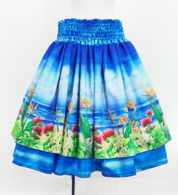 Hula Double Shantung Pa'u Skirt with Hawaiian Flower & Sea Print / Luxury Collection / J3195-7