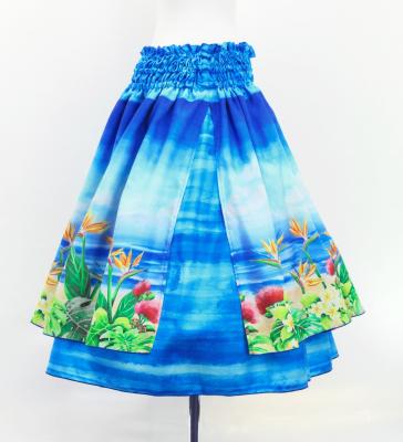 Hula Double Shantung Pa'u Skirt with Hawaiian Flower & Sea Print / Luxury Collection / J3195-7