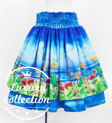 Hula Double Shantung Pa'u Skirt with Hawaiian Flower & Sea Print / Luxury Collection / J3195-7