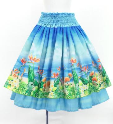 Hula Double Shantung Pa'u Skirt with Hawaiian Flower & Sea Print / Luxury Collection / J3195-6
