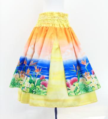 Hula Double Shantung Pa'u Skirt with Hawaiian Flower & Sea Print / Luxury Collection / J3195-4