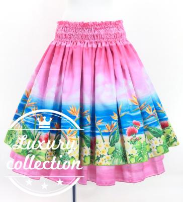 Hula Double Shantung Pa'u Skirt with Hawaiian Flower & Sea Print / Luxury Collection / J3195-2