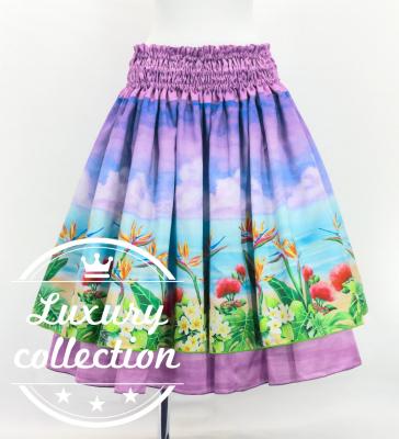 Hula Double Shantung Pa'u Skirt with Hawaiian Flower & Sea Print / Luxury Collection / J3195-1