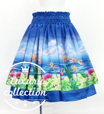 Hula Double Shantung Pa'u Skirt with Hawaiian Flower & Sea Print / Luxury Collection / J3195-8