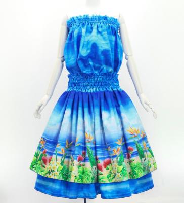 Hula Blouse & Double Pa'u Set-Up with Hawaiian Flower & Sea Print / Luxury Collection / J3196-7