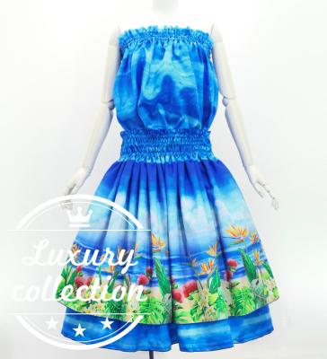 Hula Blouse & Double Pa'u Set-Up with Hawaiian Flower & Sea Print / Luxury Collection / J3196-7
