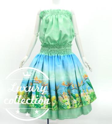 Hula Blouse & Double Pa'u Set-Up with Hawaiian Flower & Sea Print / Luxury Collection / J3196-5