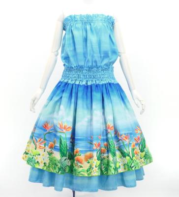 Hula Blouse & Double Pa'u Set-Up with Hawaiian Flower & Sea Print / Luxury Collection / J3196-6