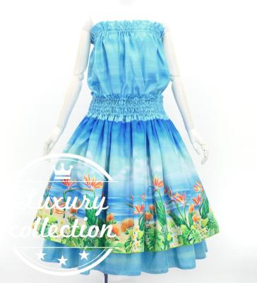 Hula Blouse & Double Pa'u Set-Up with Hawaiian Flower & Sea Print / Luxury Collection / J3196-6
