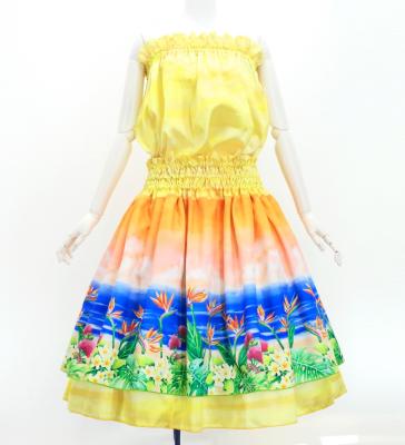 Hula Blouse & Double Pa'u Set-Up with Hawaiian Flower & Sea Print / Luxury Collection / J3196-4