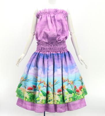 Hula Blouse & Double Pa'u Set-Up with Hawaiian Flower & Sea Print / Luxury Collection / J3196-1