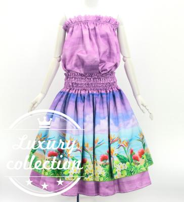 Hula Blouse & Double Pa'u Set-Up with Hawaiian Flower & Sea Print / Luxury Collection / J3196-1