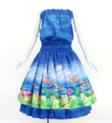 Hula Blouse & Double Pa'u Set-Up with Hawaiian Flower & Sea Print / Luxury Collection / J3196-8