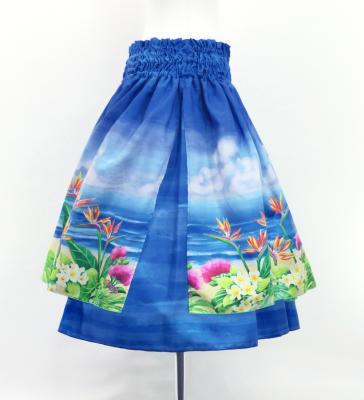 Hula Blouse & Double Pa'u Set-Up with Hawaiian Flower & Sea Print / Luxury Collection / J3196-8