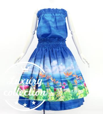Hula Blouse & Double Pa'u Set-Up with Hawaiian Flower & Sea Print / Luxury Collection / J3196-8