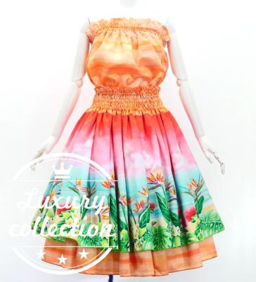 Hula Blouse & Double Pa'u Set-Up with Hawaiian Flower & Sea Print / Luxury Collection / J3196-3