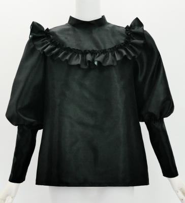 Hula Yoke Frill Balloon Sleeve Blouse with Shantung / Black / J3197bk