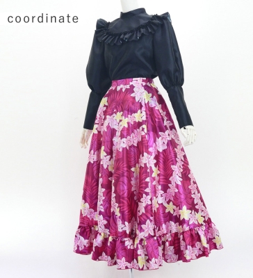 Hula Yoke Frill Balloon Sleeve Blouse with Shantung / Black / J3197bk