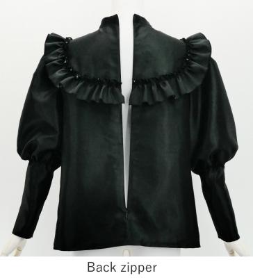 Hula Yoke Frill Balloon Sleeve Blouse with Shantung / Black / J3197bk