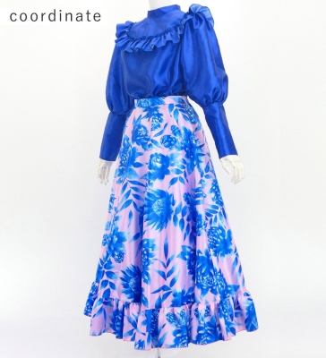 Hula Yoke Frill Balloon Sleeve Blouse with Shantung / Royal Blue / J3197rbl