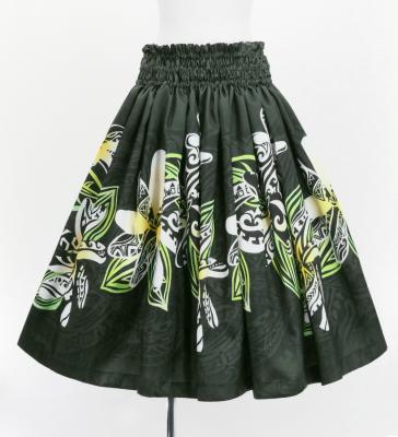 Hula Shantung Pa'u Skirt with Tiare & Kahiko Print / Luxury Collection / Black / J3198bk