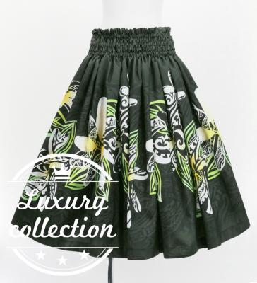Hula Shantung Pa'u Skirt with Tiare & Kahiko Print / Luxury Collection / Black / J3198bk