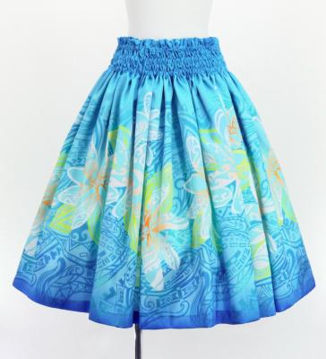 Hula Shantung Pa'u Skirt with Tiare & Kahiko Print / Luxury Collection / Light Blue / J3198lbl