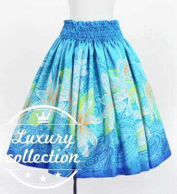 Hula Shantung Pa'u Skirt with Tiare & Kahiko Print / Luxury Collection / Light Blue / J3198lbl