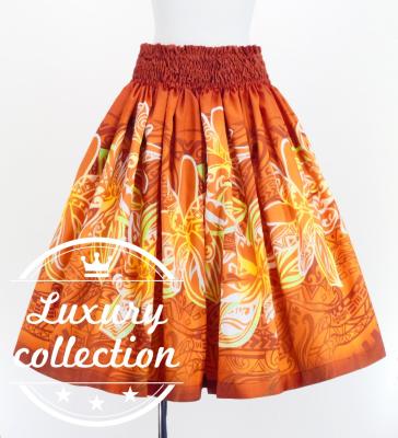 Hula Shantung Pa'u Skirt with Tiare & Kahiko Print / Luxury Collection / Orange / J3198or