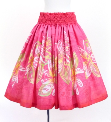 Hula Shantung Pa'u Skirt with Tiare & Kahiko Print / Luxury Collection / Pink / J3198pi