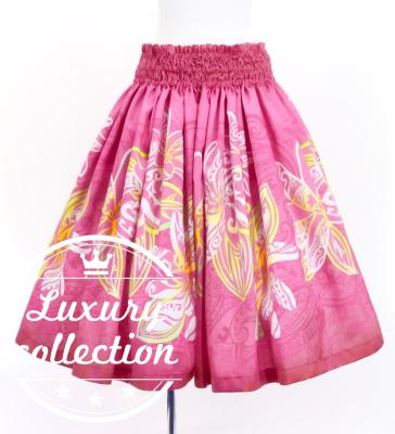 Hula Shantung Pa'u Skirt with Tiare & Kahiko Print / Luxury Collection / Pink / J3198pi