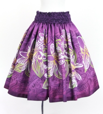 Hula Shantung Pa'u Skirt with Tiare & Kahiko Print / Luxury Collection / Purple / J3198pu
