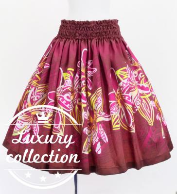 Hula Shantung Pa'u Skirt with Tiare & Kahiko Print / Luxury Collection / Red / J3198rd