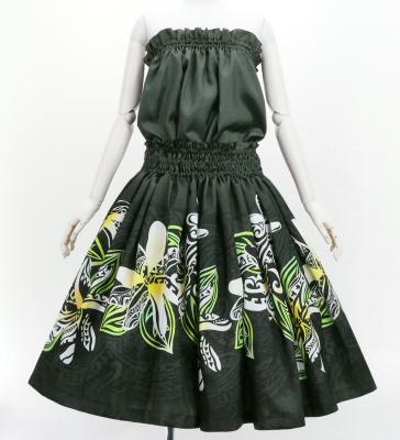 Hula Blouse & Pa'u Set-Up with Tiare & Kahiko Print / Luxury Collection / Black / J3199bk