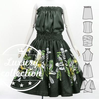 Hula Blouse & Pa'u Set-Up with Tiare & Kahiko Print / Luxury Collection / Black / J3199bk