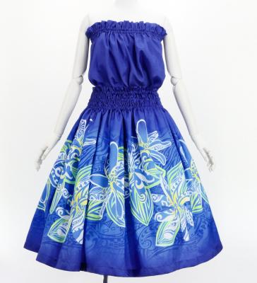 Hula Blouse & Pa'u Set-Up with Tiare & Kahiko Print / Luxury Collection / Blue / J3199bl