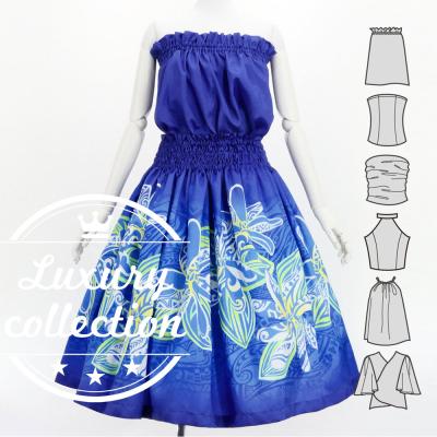 Hula Blouse & Pa'u Set-Up with Tiare & Kahiko Print / Luxury Collection / Blue / J3199bl