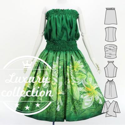 Hula Blouse & Pa'u Set-Up with Tiare & Kahiko Print / Luxury Collection / Green / J3199gr