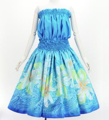 Hula Blouse & Pa'u Set-Up with Tiare & Kahiko Print / Luxury Collection / Light Blue / J3199lbl