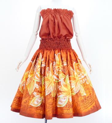 Hula Blouse & Pa'u Set-Up with Tiare & Kahiko Print / Luxury Collection / Orange / J3199or