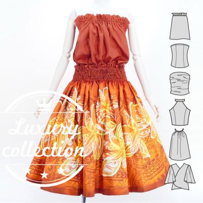 Hula Blouse & Pa'u Set-Up with Tiare & Kahiko Print / Luxury Collection / Orange / J3199or