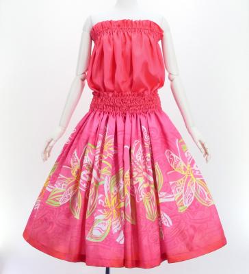 Hula Blouse & Pa'u Set-Up with Tiare & Kahiko Print / Luxury Collection / Pink / J3199pi
