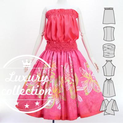 Hula Blouse & Pa'u Set-Up with Tiare & Kahiko Print / Luxury Collection / Pink / J3199pi