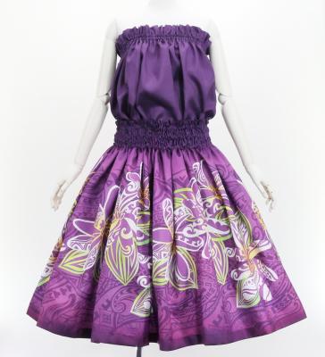 Hula Blouse & Pa'u Set-Up with Tiare & Kahiko Print / Luxury Collection / Purple / J3199pu