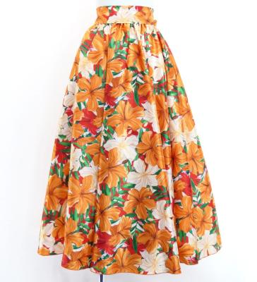 Hula Long Shantung Circular Skirt with Hibiscus Print / Luxury Collection / Orange / J3201-12