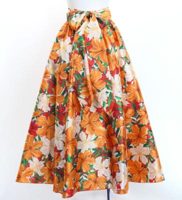 Hula Long Shantung Circular Skirt with Hibiscus Print / Luxury Collection / Orange / J3201-12