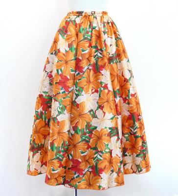 Hula Long Shantung Circular Skirt with Hibiscus Print / Luxury Collection / Orange / J3201-12